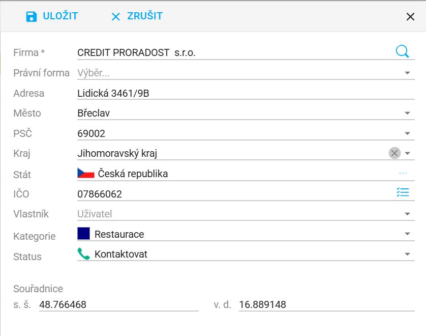 Souřadnice firmy načítané z ARES
